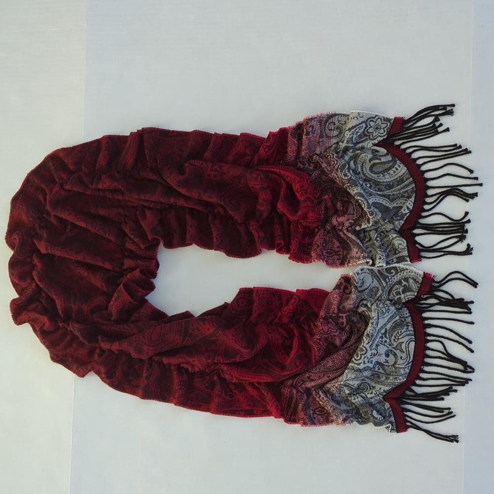 V. Fraas Cashmink Paisley Fringe Scarf Red Black
